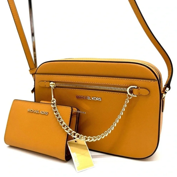 Michael Kors Large EW Crossbody Bag Cider & Medium Bifold Zip Chain Wallet Cider - Picture 1 of 14